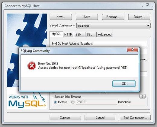 Connection denied. SQL Error [ mysqli ]. User Error. Got Error: 1045: access denied for user 'root'@'localhost' (using password: Yes) when trying to connect. Unable to connect to any of the specified MYSQL hosts..